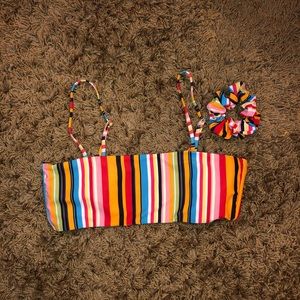 Striped bandeau swim top with straps & scrunchie